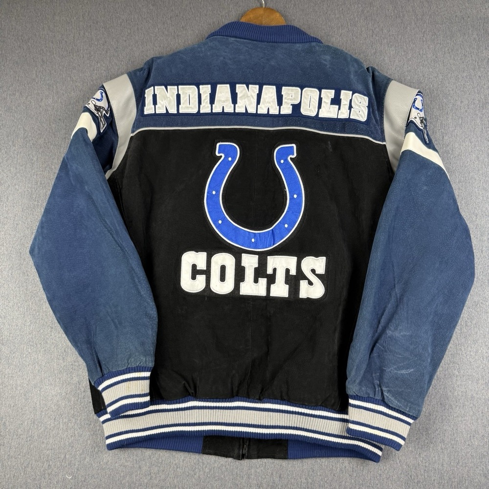NFL Indianapolis Colts Suede Leather Full Zip Jacket Vintage Mens XL Blue Black